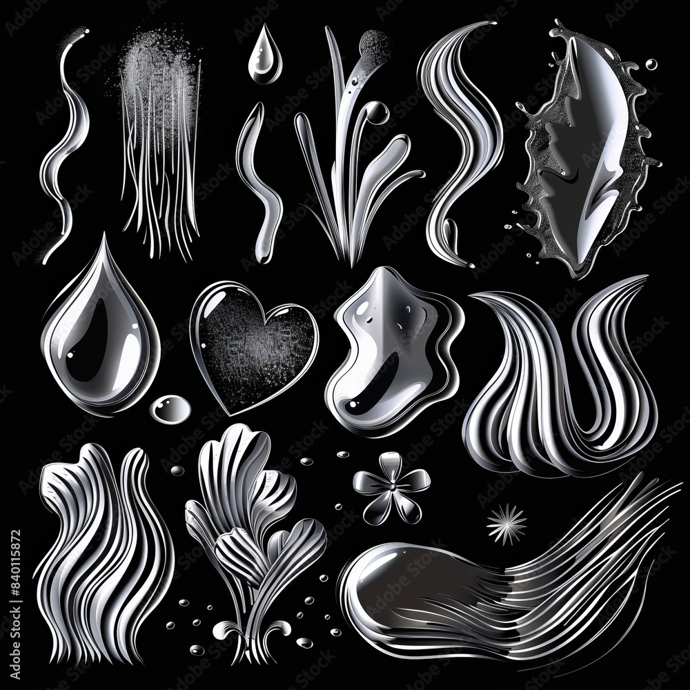 Poster y2k chrome elements collection for design. modern set of simple geometric shapes with shiny metallic