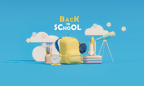 Back to school on pastel background. Ready for school concept background with rocket, backpack, books, alarm clock, telescope and accessory school 3D Render