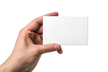 Obraz premium Business card mockup in man hand. Blank calling card template isolated on white background