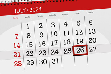 Calendar 2024, deadline, day, month, page, organizer, date, July, friday, number 26