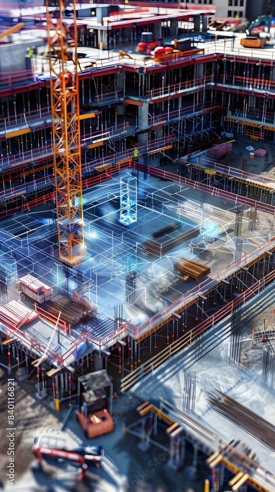 Poster futuristic digital construction site with smart technologies and automation
