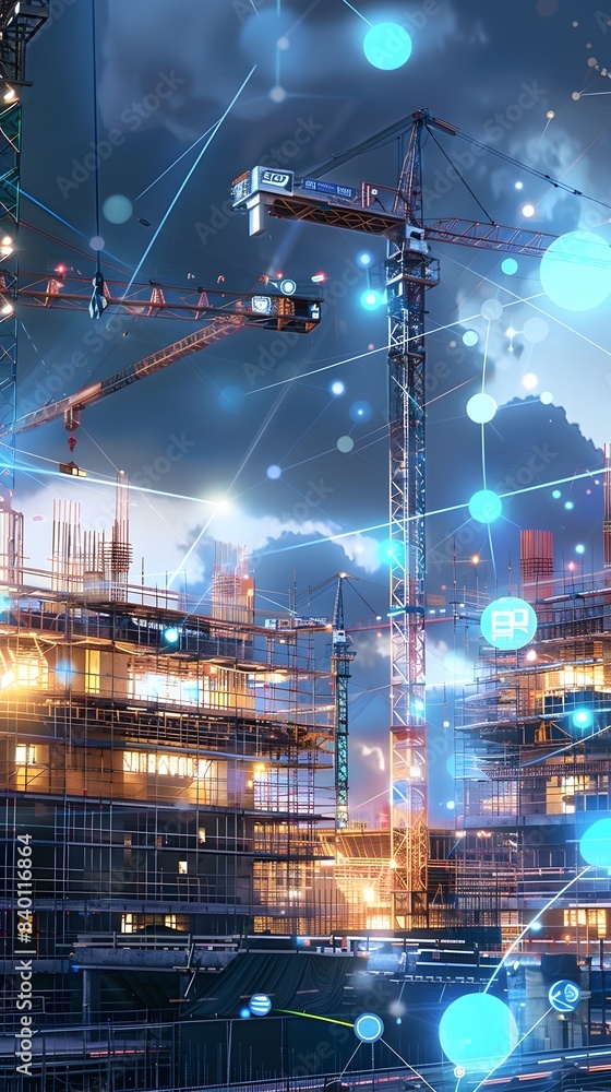 Poster futuristic smart construction site with advanced digital technology and automation