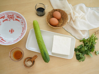 Korean egg rice with cucumber and tofu