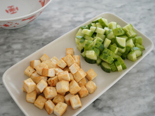 Korean egg rice with cucumber and tofu