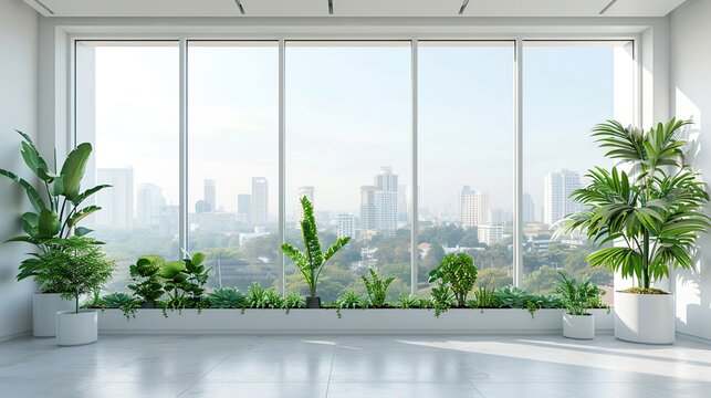 Large glass windows in a modern office with indoor plants, white walls and floors, minimalist interior design, very nice and clean, large panoramic windows with views of the dense city skyline