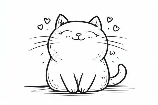Cute cat, black and white coloring doodle, cartoon-style simply drawing