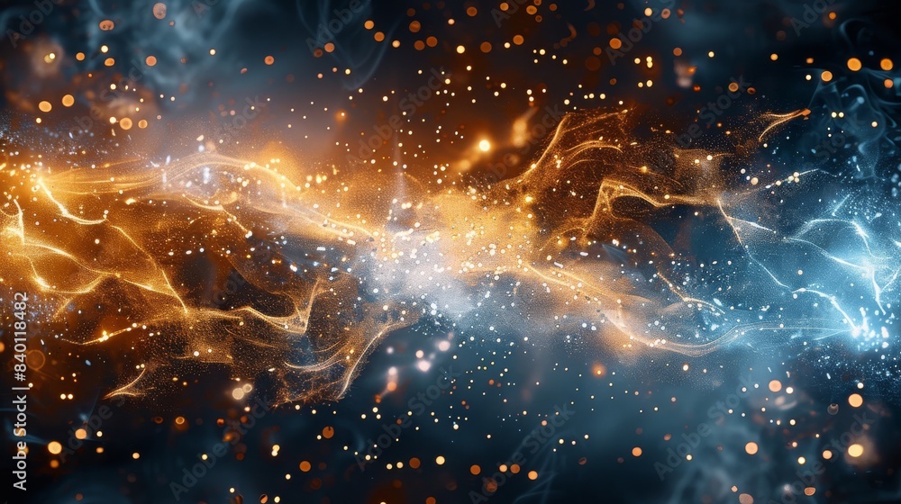 Poster dynamic motion left to right of sparks blue white yellow glowing colors. generative ai.
