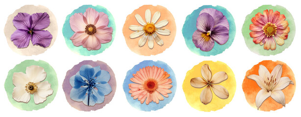 Blooming flowers watercolor shape png cut out element set