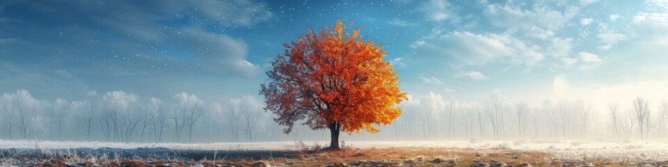 A tree with orange leaves stands in the center of a vast field