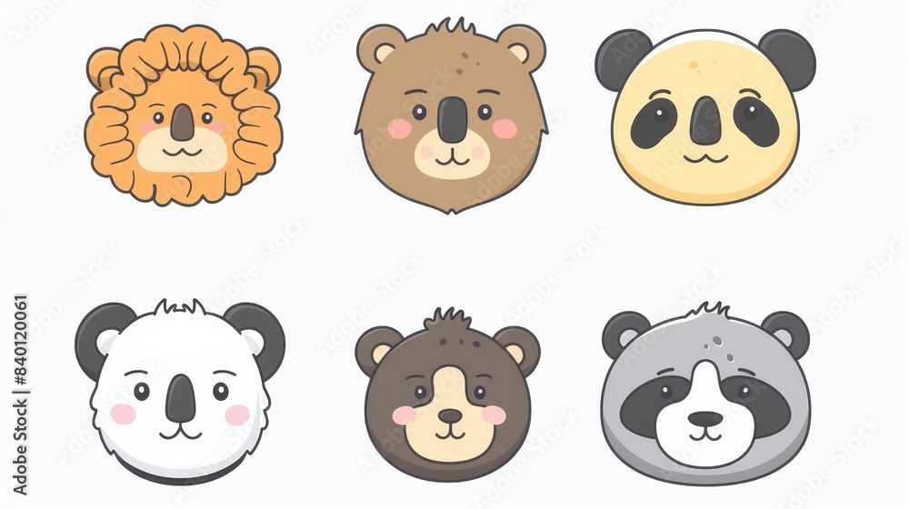 Wall mural A cartoon set of funny animals. Flat animals. Doodle illustrations of hippo, panda, koala, lion, raccoon, elephant for cards, magazines, banners.