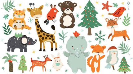 Modern collection of cute and funny animals: forests, farms, domestic animals, polar bears, giraffes, elephants, crabs, rabbits, and foxes.