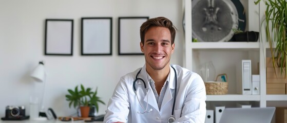 man doctor radiates warmth and competence against a serene blurred backdrop, exuding professionalism and empathy