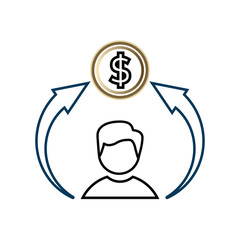 man with an arrow next to him pointing to money. mind to money. Outline design style. Suitable for workers, presentations, economy, etc. Template design vector