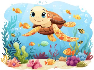Turtle cartoon card with cute sea turtles swimming among coral reefs and fish
