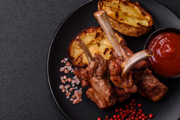 Delicious juicy meat on the bone or rack of lamb or grilled veal