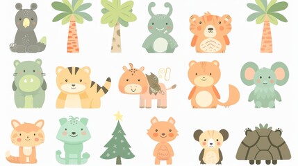 Cute set of cartoon animals. Cartoon animal collection: giraffe, elephant, crab, rabbit, fox, forest, farm, domestic.
