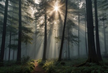 Landscape Green coniferous forest in the fog.