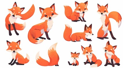An emotion little animal. Cartoon animal character design on white background. Cute cartoon fox set. Red fox collection. Funny red fox collection.