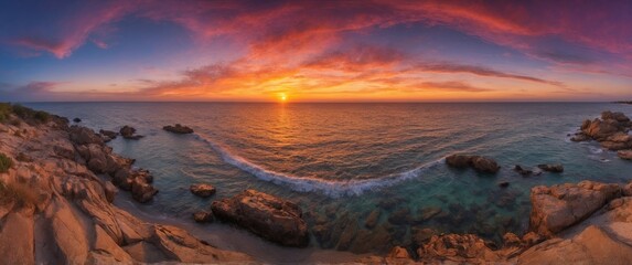 Fototapeta premium Wide panorama with the ocean coast and setting sun