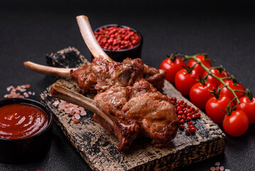 Delicious juicy meat on the bone or rack of lamb or grilled veal
