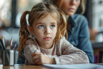 Young girl seated table pencil hand
