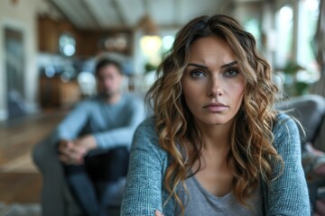 Fototapeta premium Woman on sofa, man in backdrop