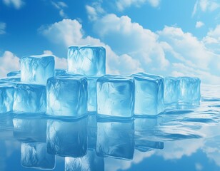 Obraz premium Water Ice Cube Pattern Background With Blurred Blue Sky And Clouds. Winter Wallpaper. Summer Banner. Backdrop. Illustration