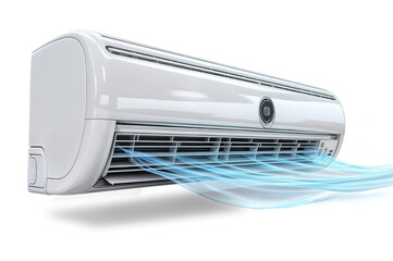A white air conditioner on an  isolated on white or transparent png, releases blue cold air currents. 