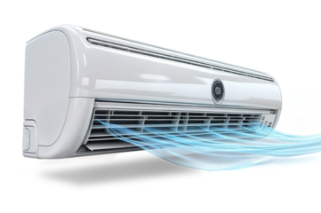 A white air conditioner on an  isolated on white or transparent png, releases blue cold air currents. 