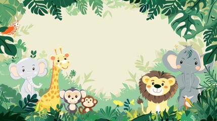 Fototapeta premium African kids animals in a rainforest, hand-drawn modern illustration. Funny cut elephants, lions, giraffes, zebras, monkeys on a background of trees in a park.