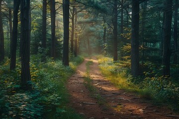 Obraz premium The sun is filtering through the branches along a forest trail