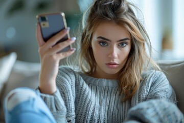 Woman on sofa using cellphone
