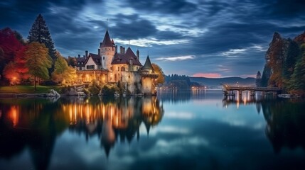 Fototapeta premium A castle on a lake at twilight, reflected in the water