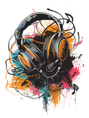 grunge music headphones on a grunge background, vector illustration