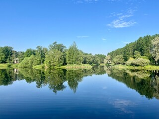 Green trees and sky reflection on the water surface, pond in the park
