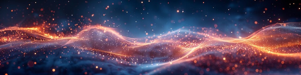 Fototapeta premium A dazzling wave of particles shines against a backdrop of deep blue