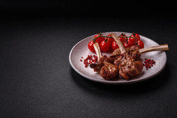 Delicious juicy meat on the bone or rack of lamb or grilled veal