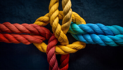 Team rope diverse strength connect partnership together teamwork unity communicate support. Strong diverse network rope team concept integrate braid color background cooperation empower power