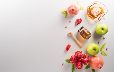 Rosh hashanah (jewish New Year holiday), Concept of traditional or religion symbols on white background.