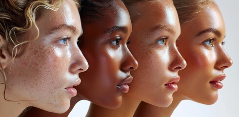 Women with different skin tones at the camera in a studio,Group of happy multiethnic women with clean skin,Make up woman face.