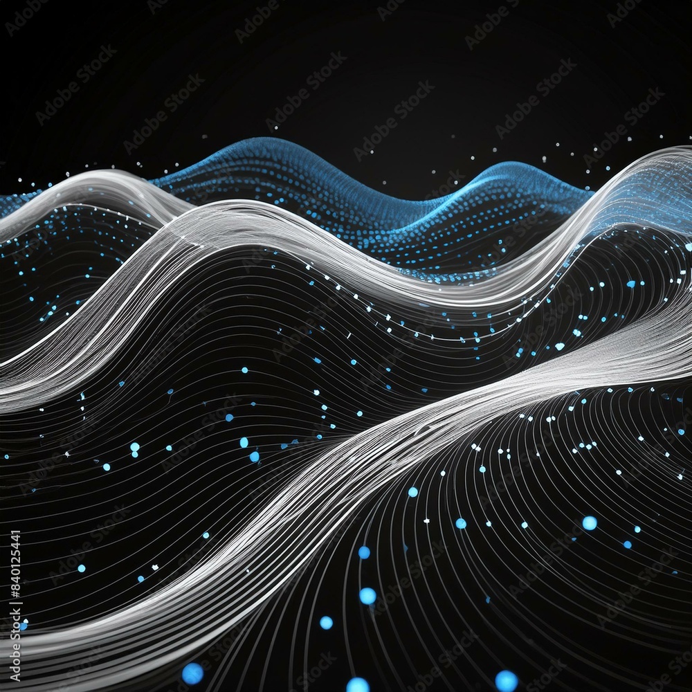 Poster white lines with blue dots move along black waves. abstract technology background symbolizing the mo