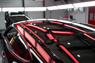 Fototapeta premium Application of self-healing PPF film on the car roof in a car detailing studio 