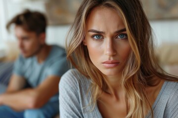 Obraz premium Man seated behind blond woman with intense gaze