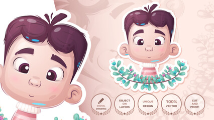 Boy Sticker. Animal Cartoon Character. Childish Illustration. Hand Drawn Style