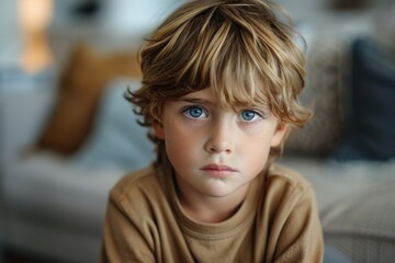 Young lad with blonde hair and blue eyes seated on sofa in living space