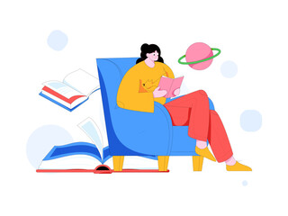 World Book Day Reading Character Flat Vector Concept Operation Hand Drawn Illustration
