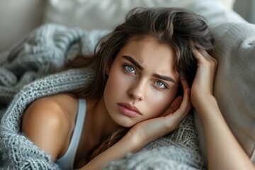 Naklejka premium Woman reclining on sofa covered with blanket