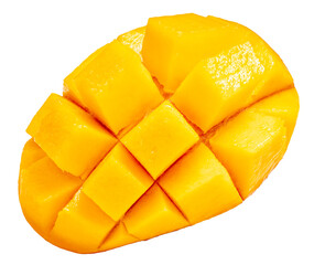 Slices of Red mango on white background, Fresh Japanese Elegant mango fruits “Egg of the Sun” Sugar content of 16 degrees isolate on white PNG File.