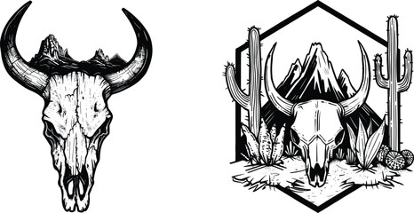 Set of bull skull with mountains, vector illustration.