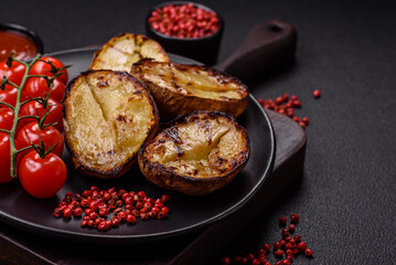 Delicious potato halves in skins baked on the grill